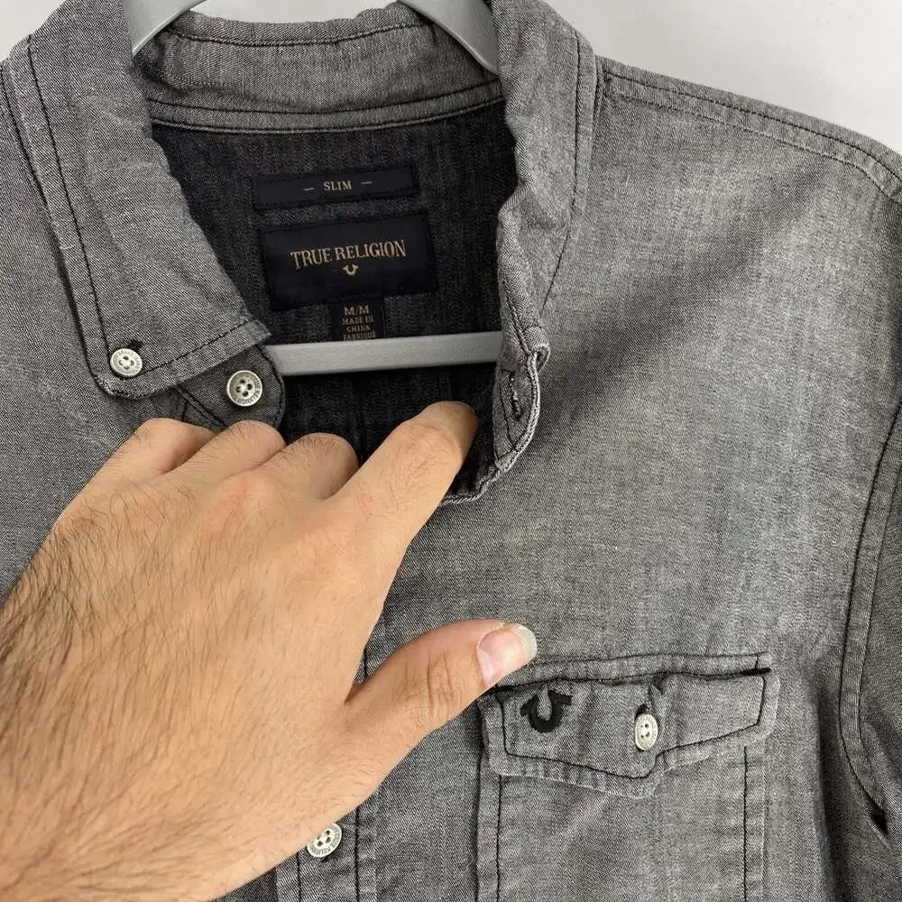 True Religion Men’s Size Medium Gray / Black Button Up Collared Slim LS Shirt